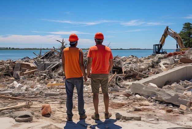 Workers in orange stand over a pile of rubble