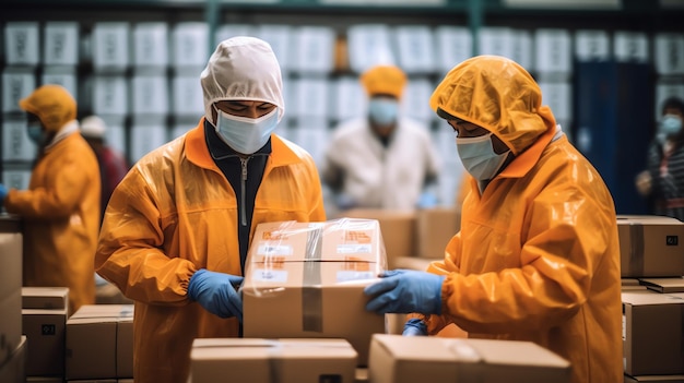 Workers in orange and yellow uniforms are packing boxes in a warehouse.