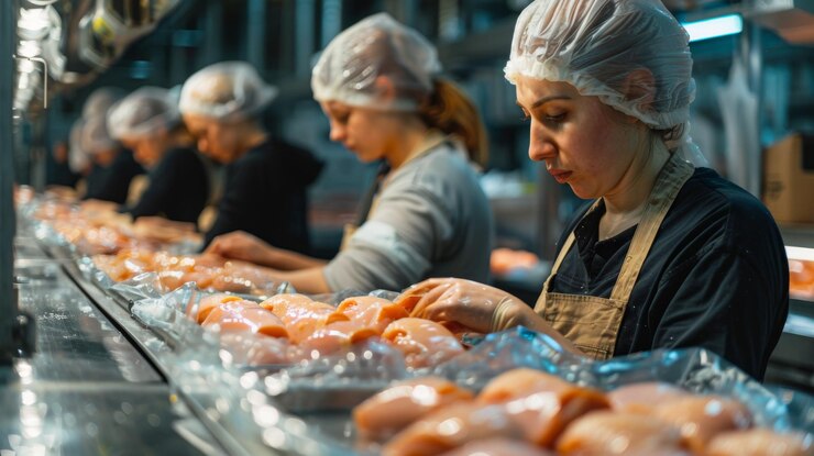 Workers packaging frozen chicken cuts into vacuumsealed bags for shipment to international markets h