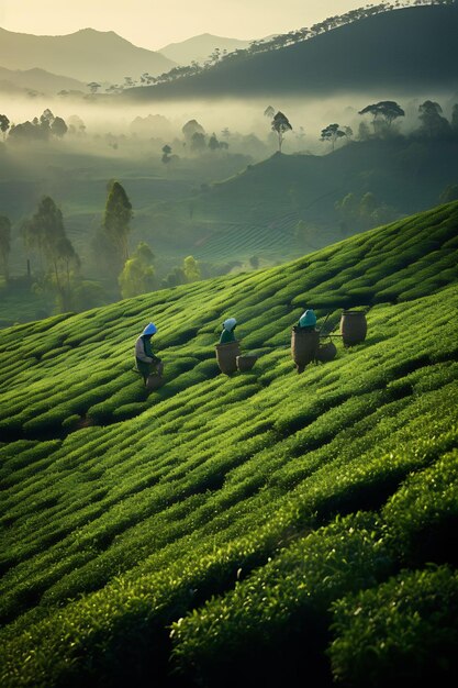 workers picking tea on a tea plantation