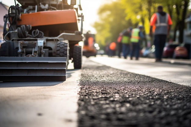 Photo workers placing new coating of asphalt on the road