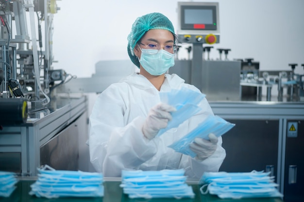 Workers producing surgical mask in modern factory, Covid-19 protection and medical concept.