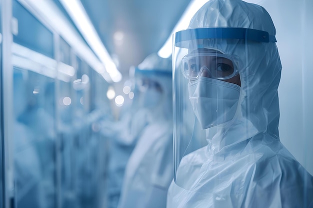 Workers in protective gear in a semiconductor cleanroom Concept Semiconductor Industry Cleanroom Environment Protective Gear Worker Safety HighTech Manufacturing