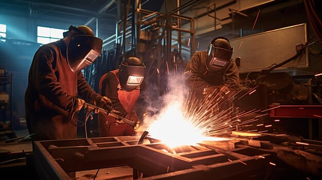 workers in protective mask and protective gloves working with a metal welding