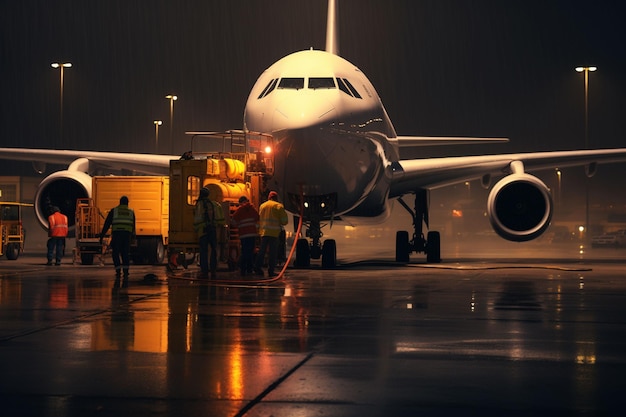 Workers refueling planes in the airport