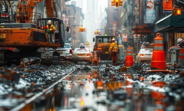 Photo workers repairing the road in rainy day