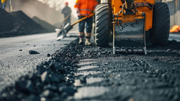 Photo workers on a road construction industry and teamwork