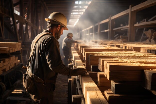 workers in safety vests operating Wooden plank on a sawmill conveyor belt Generative AI