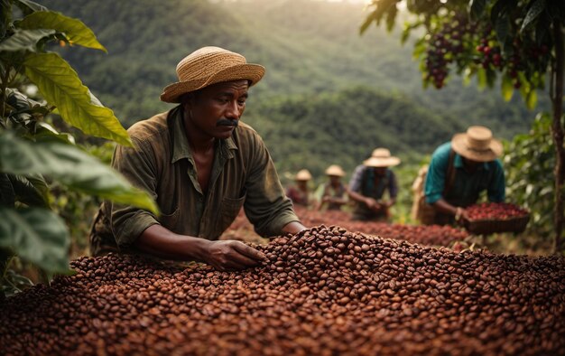 AIが生成したコーヒー農園で労働者がコーヒー豆を選ぶ