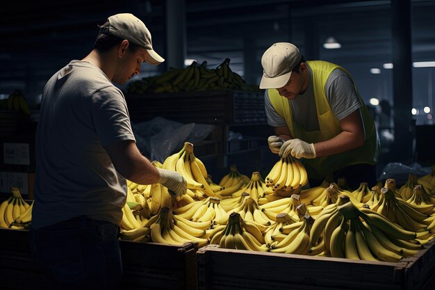 Photo workers selecting bananas in the warehouse