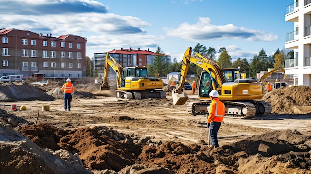 Workers skillfully use heavy machinery to excavate and prepare a site their collaborative efforts and technical control resulting Generated by AI