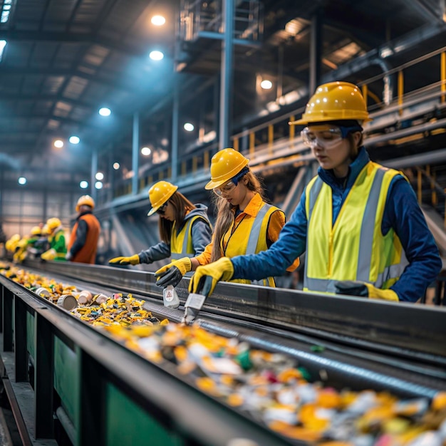 Photo workers sort recyclables on the conveyor of a modern waste and garbage recycling enterprise