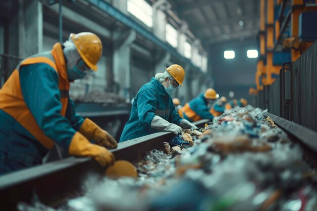 Foto lavoratori che classificano i materiali riciclabili sul nastro trasportatore di un'impresa moderna di riciclaggio dei rifiuti e della spazzatura