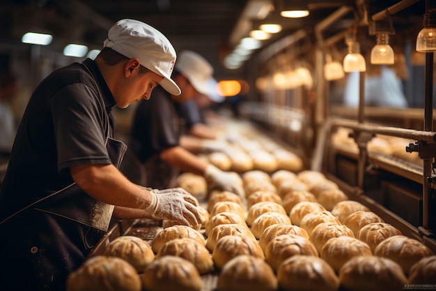 workers sorting bread on bakery factory copy space