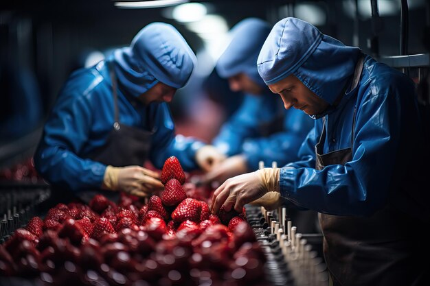 workers sorting fresh red strawberry on conveyer