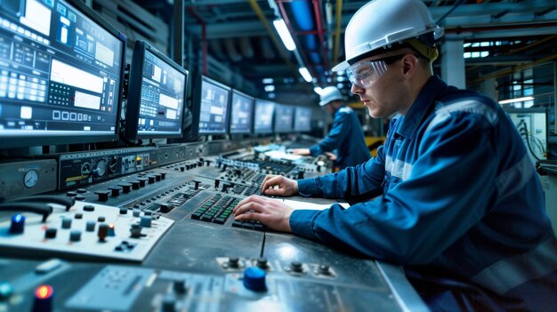 workers in uniform operating control panels and monitoring the production processes