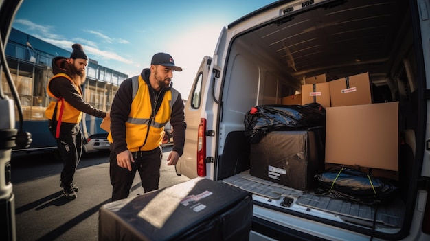 Photo workers unloading boxes from van outdoors moving service created with generative ai technology