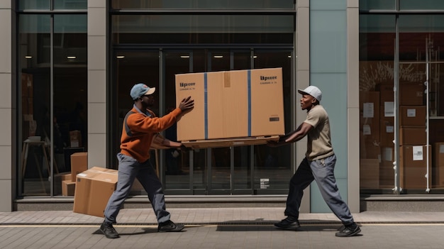 Photo workers unloading boxes from van outdoors moving service created with generative ai technology