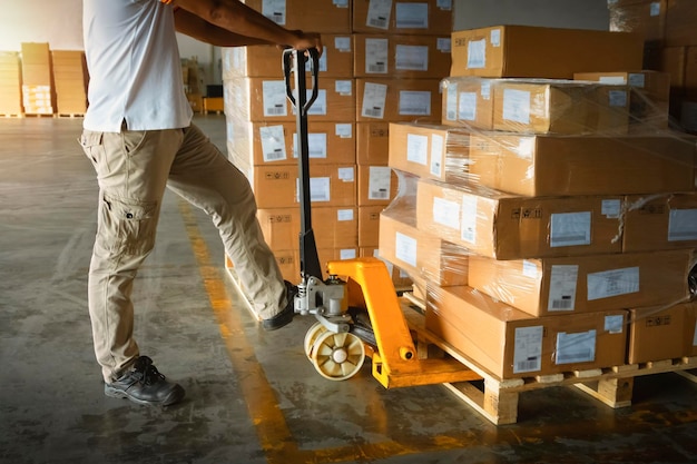 Рабочие разгружают упаковочные коробки на поддонах на складе Распределение поставок Складская логистика