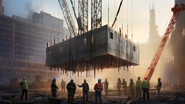 Workers use cranes to lift and precisely position large construction elements their synchronized actions and expert coordination creating a ballet Generated by AI