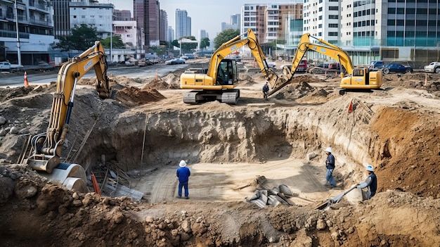 作業員は重機を使用して建設現場の掘削と準備を行い、その戦略的な操縦と正確な設備操作が AI によって生成されます。