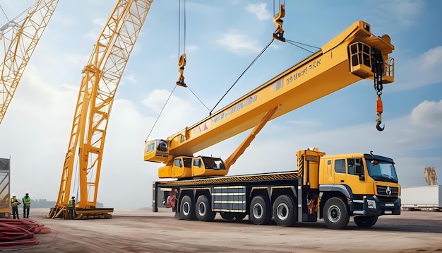 Workers using a crane to hoist a heavy load