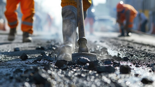 Photo workers using jackhammers to break up damaged pavement for repair and resurfacing revitalizing urban roadways