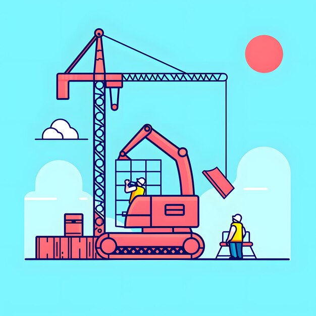 Foto lavoratori in un vibrante cantiere di costruzione gru che sollevano materiali illustrazione in stile flat design