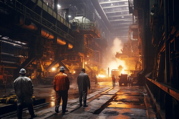 Workers walk through the workshop of the metallurgical factory of the plant