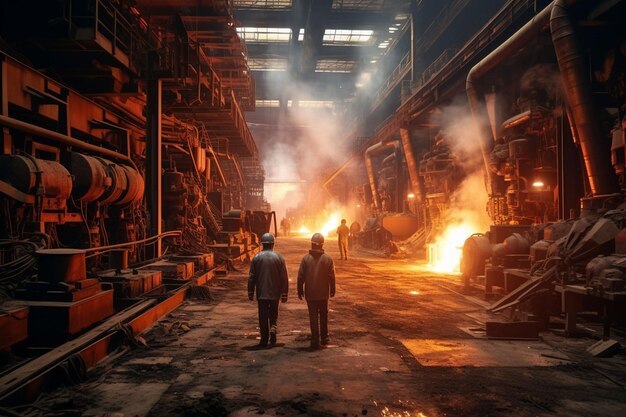 Workers walk through the workshop of the metallurgical factory of the plant