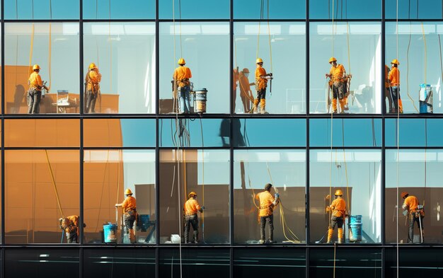 Workers washing windows in the office building