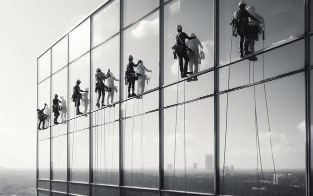 Workers washing windows in the office building