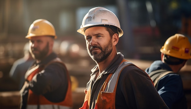 Workers wearing helmets at the construction site