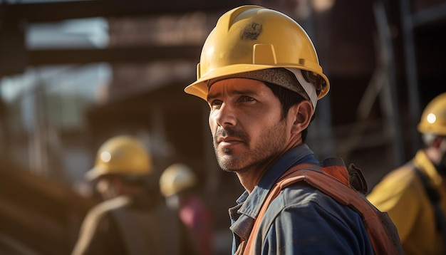 Workers wearing helmets at the construction site