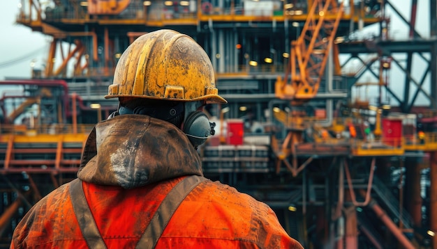 Workers wearing helmets and equipment against the background of an oil rig by ai generated image