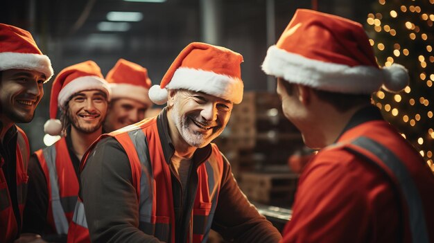 Photo workers wearing santa hats smile generative ai