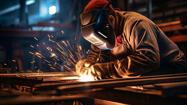 Foto lavoratori e saldatori che eseguono la saldatura ad arco generativa ai