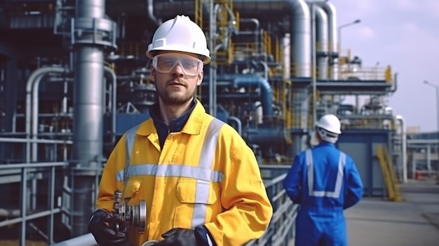 Workers who are pleasant and smiling Working in a refinery with pipes and machines in work clothes Background of a refinery with pipelines and machinery Generative AI