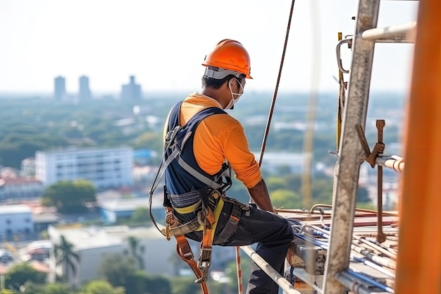 Photo workers with safety harness working at height