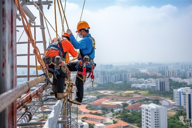 Рабочие с ремнями безопасности, работающие на высоте