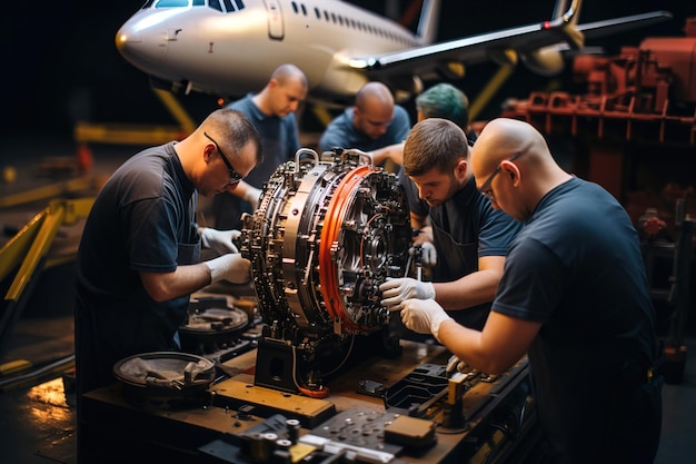 Photo workers work on an aircraft engine in a plane manufacturing factory