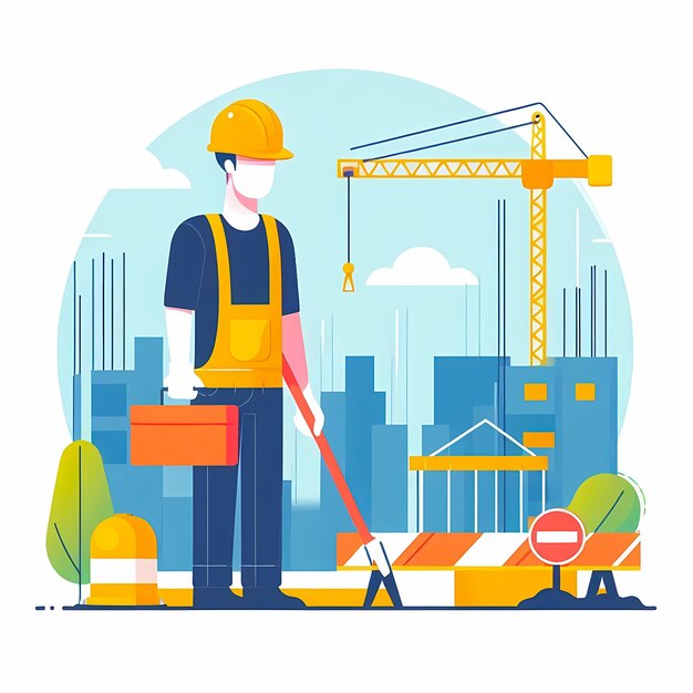 Photo workers working on construction site modern flat vector illustration