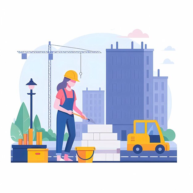 Photo workers working on construction site modern flat vector illustration