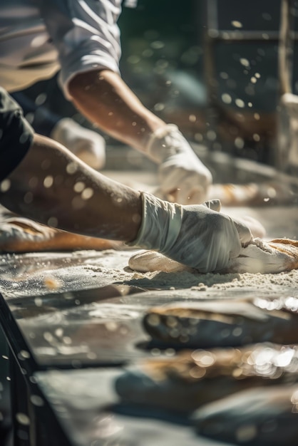 Workers working in a factory preparing bread