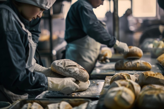 Workers working in a factory preparing bread