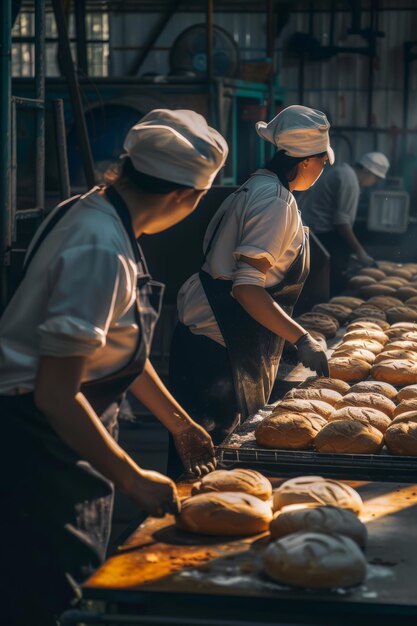 Workers working in a factory preparing bread