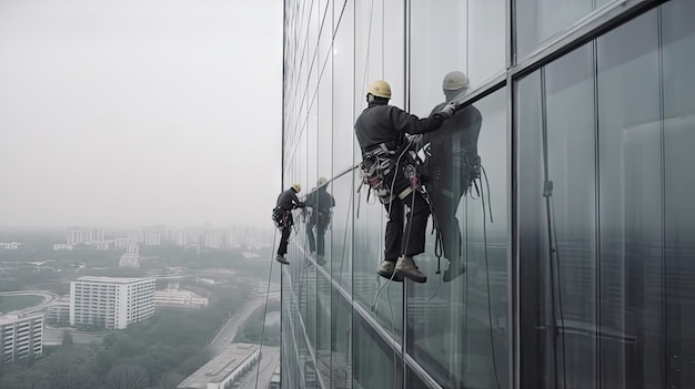 Рабочие, работающие на высоте зданий