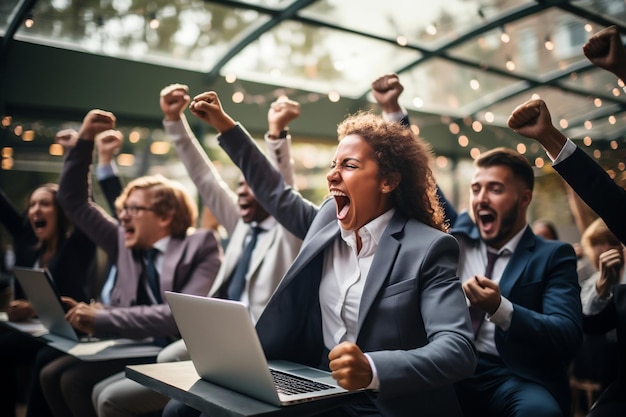 Workers Working Together in the Office Celebrating Success Generative Ai