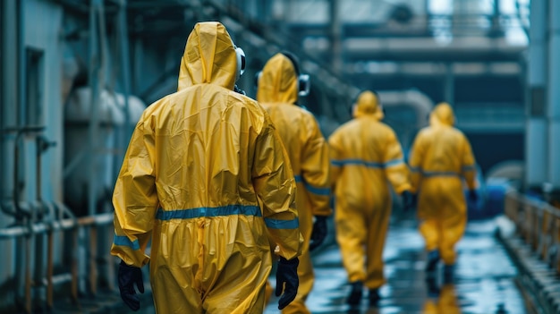 Foto workers in yellow hazmat suits walking down a hallway