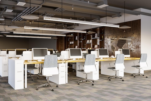 Рабочая зона в современном интерьере Open Office Workspace 3d Rendering